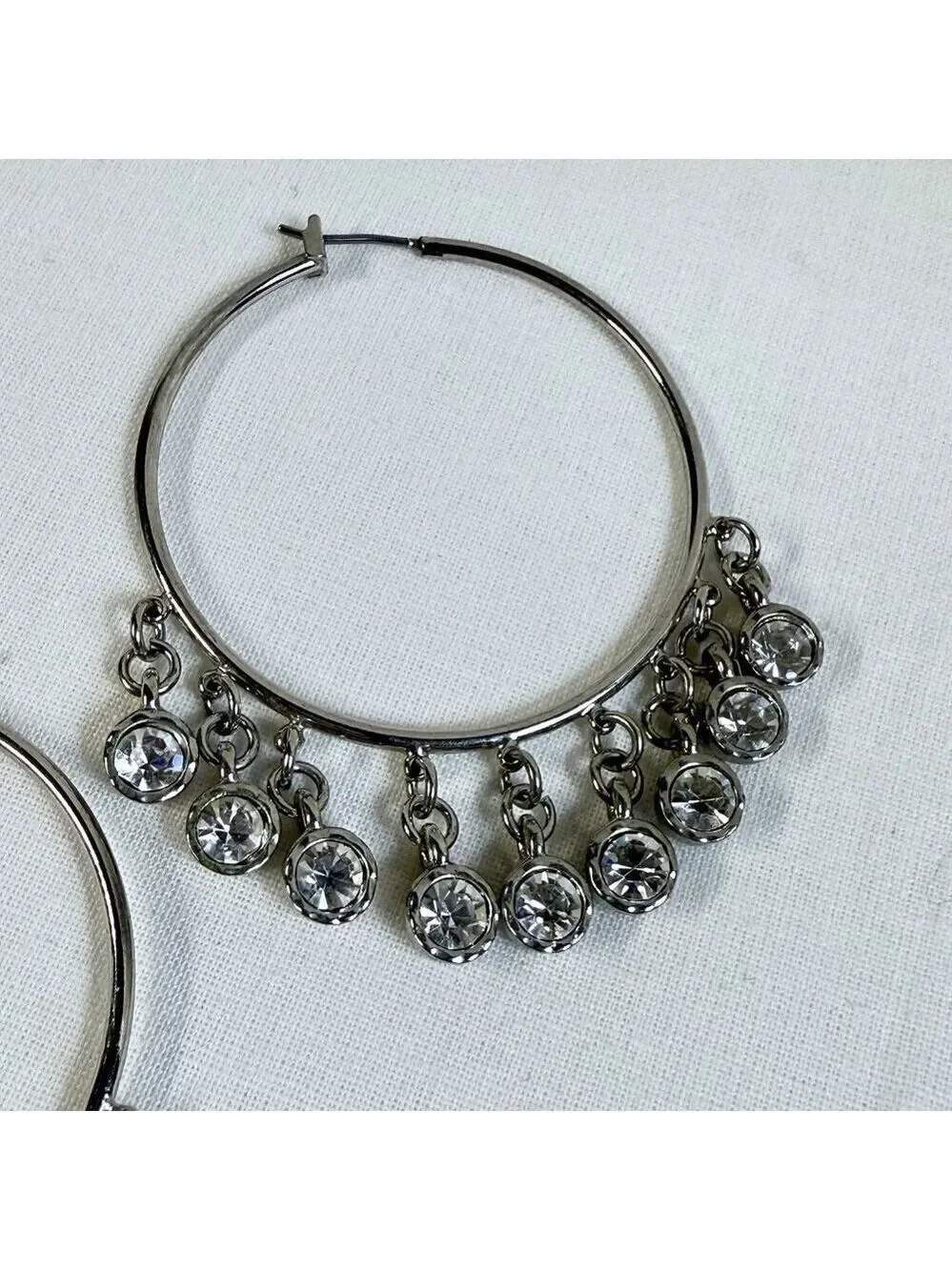 Silver Tone Large Hoop Dangle Rhinestone Earrings